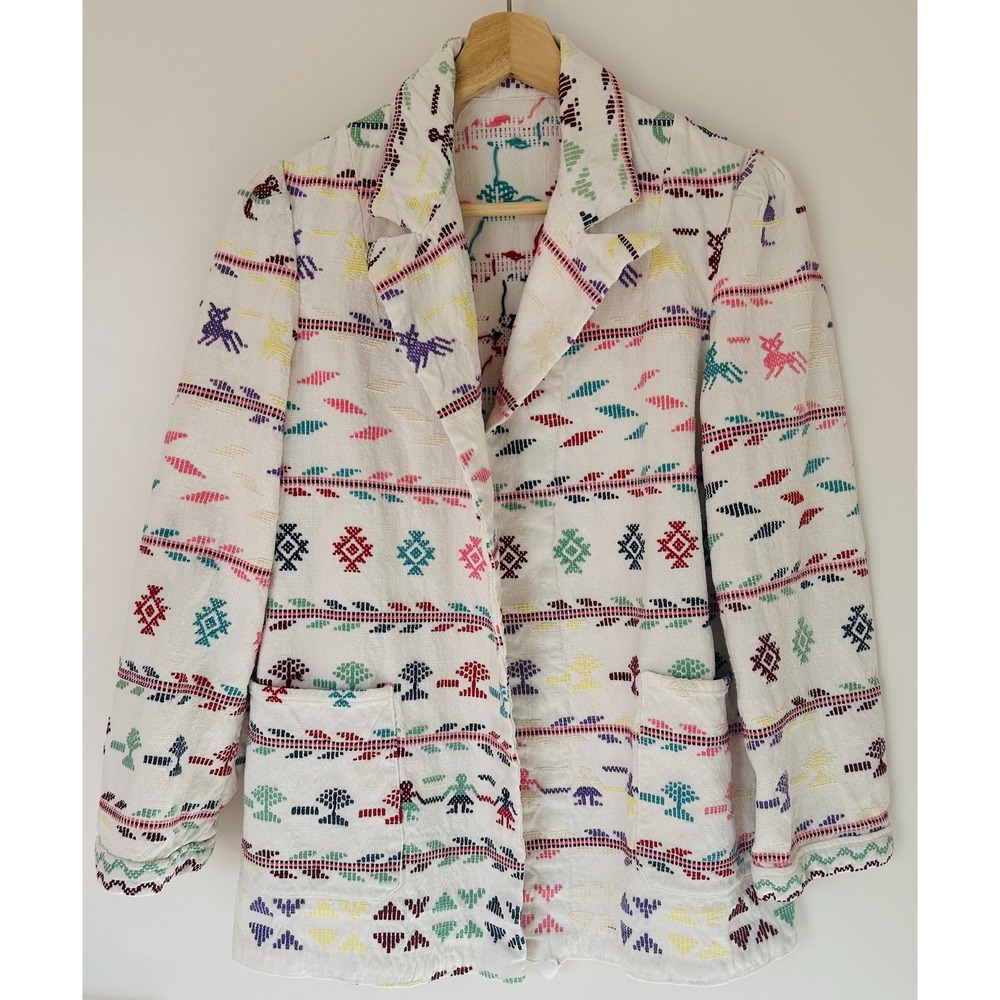 Bohemian Embroidered White Blazer with Geometric Folk-Art Motifs & Symbols RARE